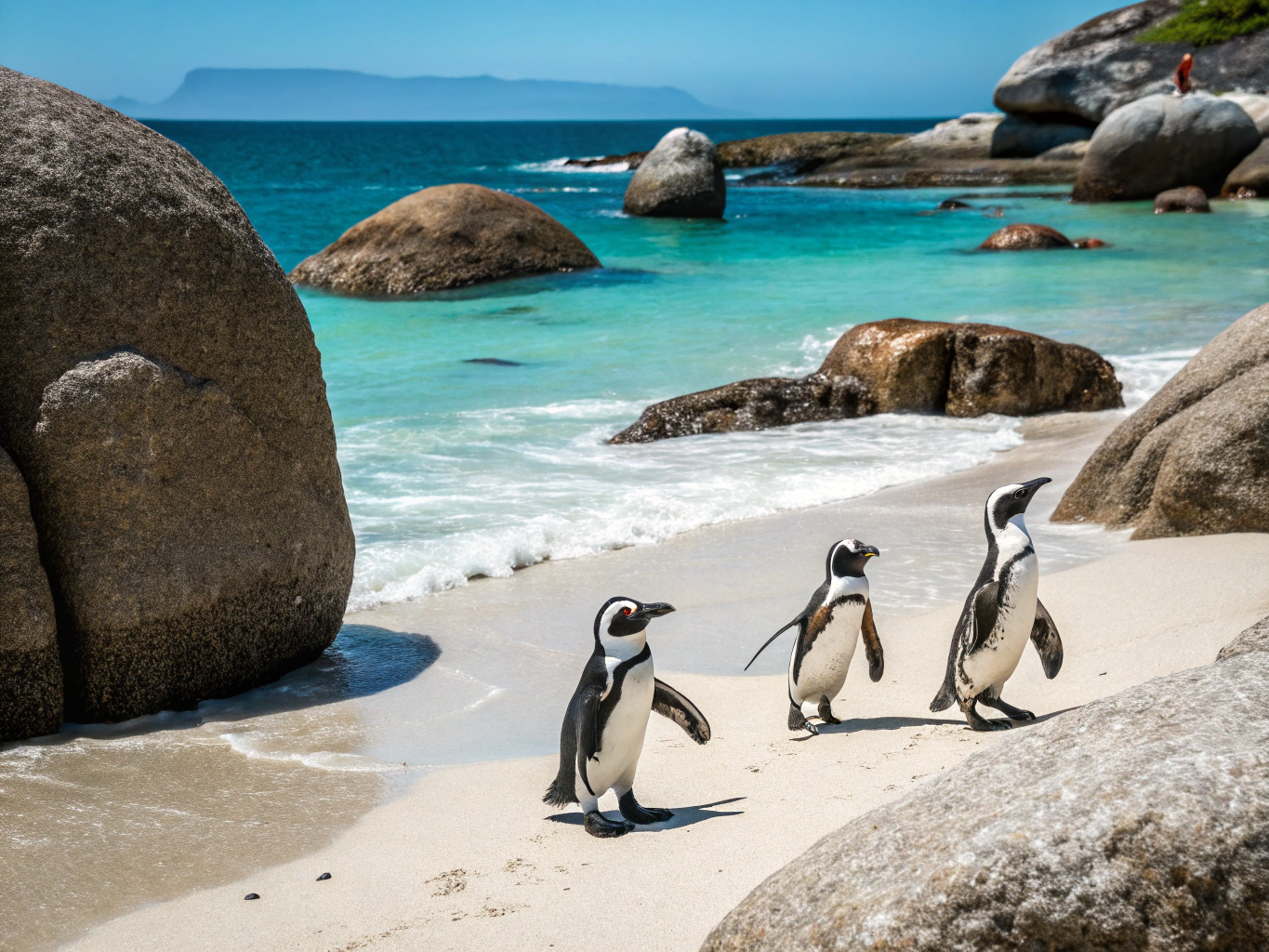 African penguins on the white sand and granite boulders of Boulders Beach