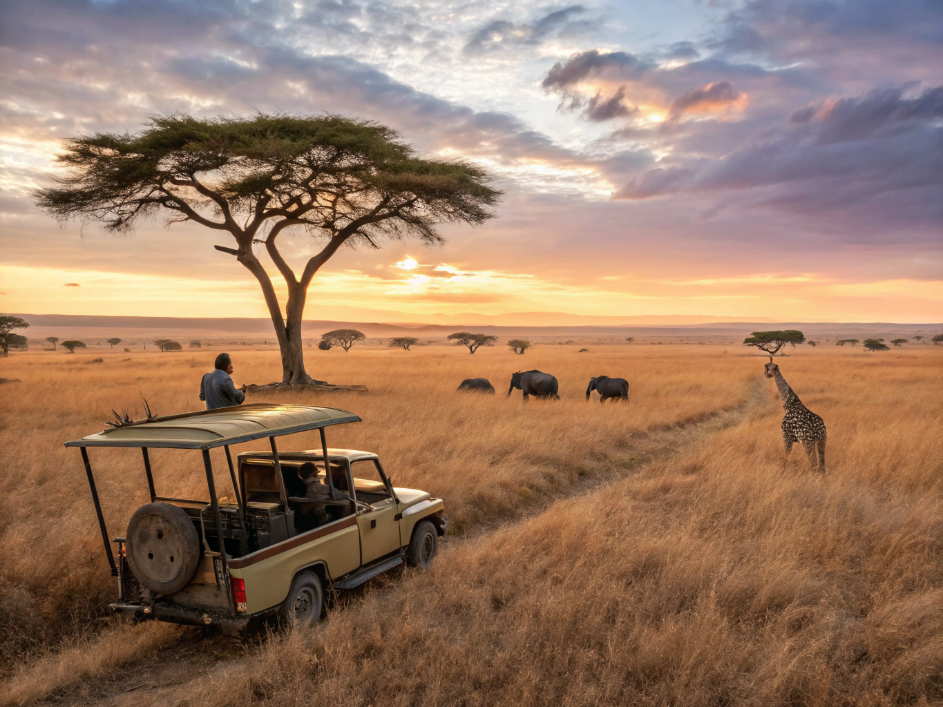 Wildlife safari landscape with open game viewing vehicles and South African flora