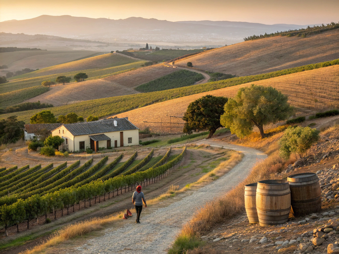 Picturesque rows of green vineyards framed by dramatic Cape mountain peaks