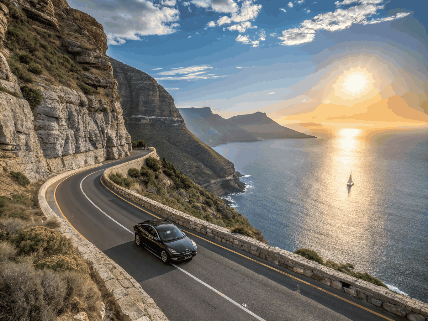 Scenic coastal road on Chapman's Peak overlooking the Atlantic Ocean in Cape Town
